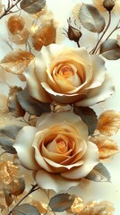 Enchanted Floral Forest Comes Alive: Wide Photographic Background with White Floor, Garland of Yellow Orange Beige Roses, Hanging Lanterns, Misty Fairy Atmosphere