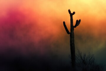 Silhouette of a saguaro cactus against a dramatic, colorful, foggy sunset sky.