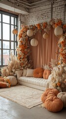 Enchanted Floral Forest Comes Alive: Wide Photographic Background with White Floor, Garland of Yellow Orange Beige Roses, Hanging Lanterns, Misty Fairy Atmosphere