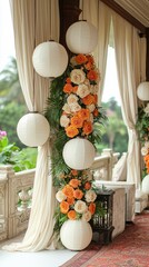 Enchanted Floral Forest Comes Alive: Wide Photographic Background with White Floor, Garland of Yellow Orange Beige Roses, Hanging Lanterns, Misty Fairy Atmosphere