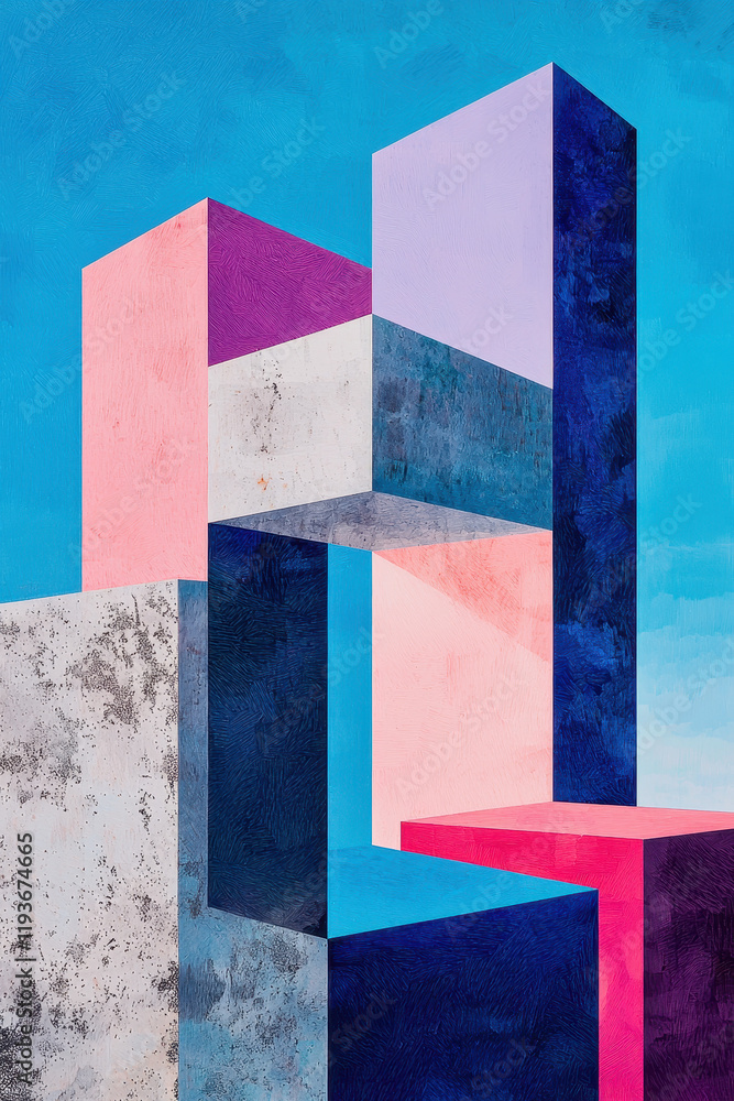Poster exploring geometric abstraction: vibrant architecture-inspired composition in dynamic contrasts and 