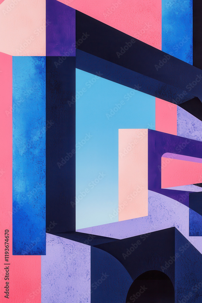 Poster explore modern geometric abstract architecture with vibrant colors and dynamic perspectives in conte