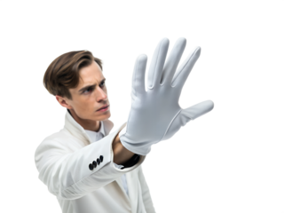 Man in White Suit and Gloves Gesturing Stop Transparent Background. PNG