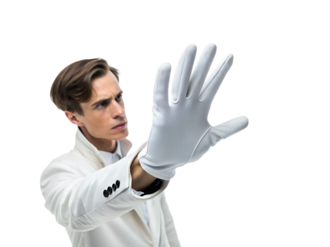 Man in White Suit and Gloves Gesturing Stop Transparent Background. PNG