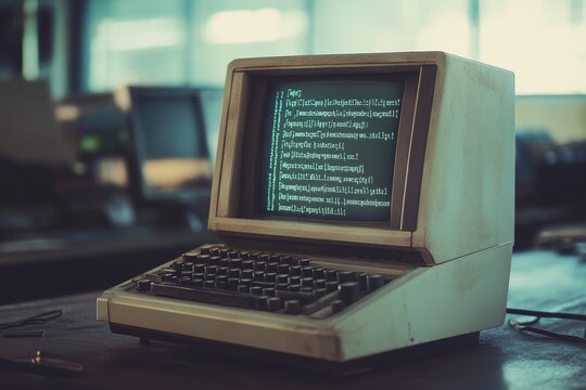 A retro computer displaying green code lines, symbolizing early technology and programming history in an office setting.