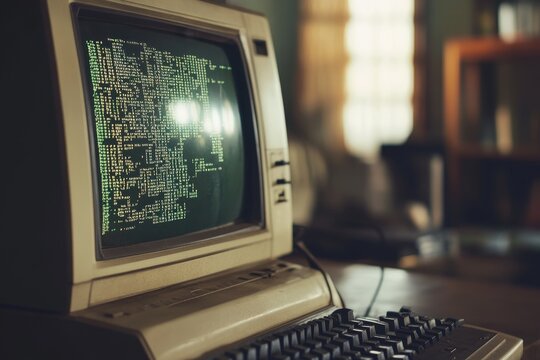 Retro computer with green text screen, showing code, evokes nostalgia for early computing technology and programming history.