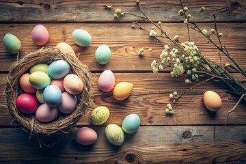Obraz premium Pastel Easter Eggs on Wooden Table with Blank Space for Text - Spring Holiday Background