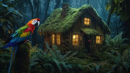 Magical forest cottage with parrot.