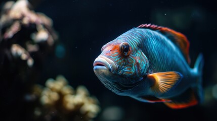 Fototapeta premium A fish with orange fins and a blue body is swimming in a tank