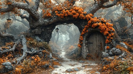 Enchanted Floral Forest Comes Alive: Wide Photographic Background with White Floor, Garland of Yellow Orange Beige Roses, Hanging Lanterns, Misty Fairy Atmosphere