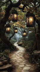 Enchanted Floral Forest Comes Alive: Wide Photographic Background with White Floor, Garland of Yellow Orange Beige Roses, Hanging Lanterns, Misty Fairy Atmosphere