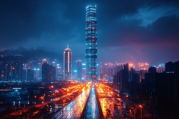 Fototapeta premium Futuristic City Nightscape with Illuminated Skyscraper