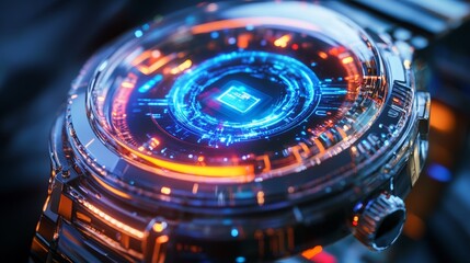 Futuristic smartwatch interface with holographic display and orange blue technology