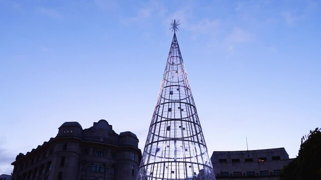 Christmas lights on the tree in Plaza El&iacute;ptica, in the center of the streets of the city of Bilbao. Province of Bizkaia. Basque Country. Spain. Europe