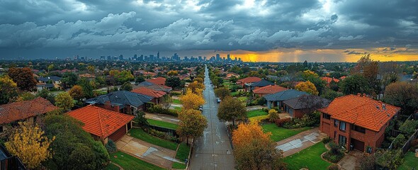 Obraz premium A cloud-covered autumn day provides a 180-degree aerial perspective of Preston, Victoria, with the city of Melbourne faintly visible in the distance