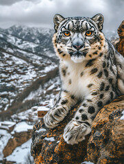 Snow leopard perched on rocks, mountain village background, wildlife photography, nature