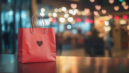 Red paper bag with heart design in festive bokeh background, perfect for Valentine's Day or romantic gifting themes.
