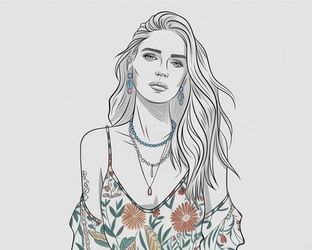 recommend clip art: Fashion illustration of a woman with long hair and floral dress