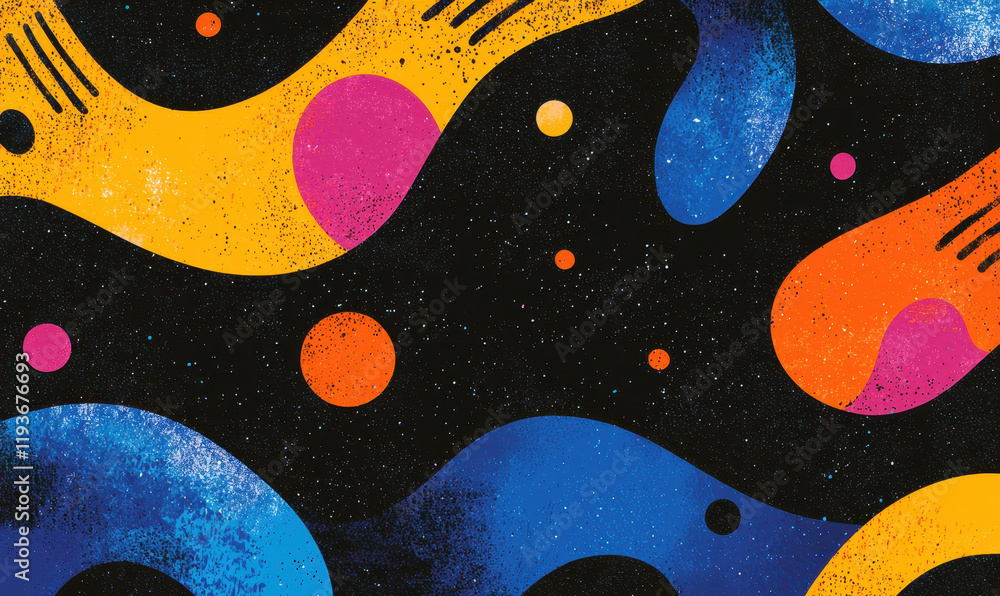 Poster exploring the cosmos through vibrant abstract art: a journey into colourful geometric patterns and c