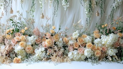 Enchanted Floral Forest Comes Alive: Wide Photographic Background with White Floor, Garland of Yellow Orange Beige Roses, Hanging Lanterns, Misty Fairy Atmosphere