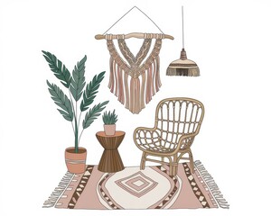 Bohemian Room Decor Featuring Woven Wall Hanging and Rattan Chair
