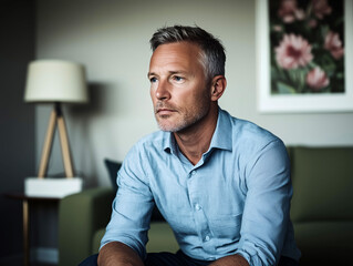 Fototapeta premium Focused middle-aged man sitting in a stylish living room in a calm and reflective moment 