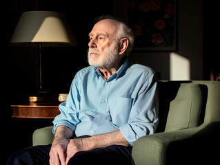 Fototapeta premium Elderly man sitting thoughtfully in warm natural light at home creating a reflective mood 