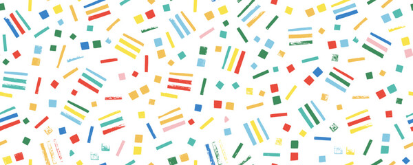 Colorful cute confetti seamless pattern with small stamp strokes. Hand drawn dashes, small lines and dots.