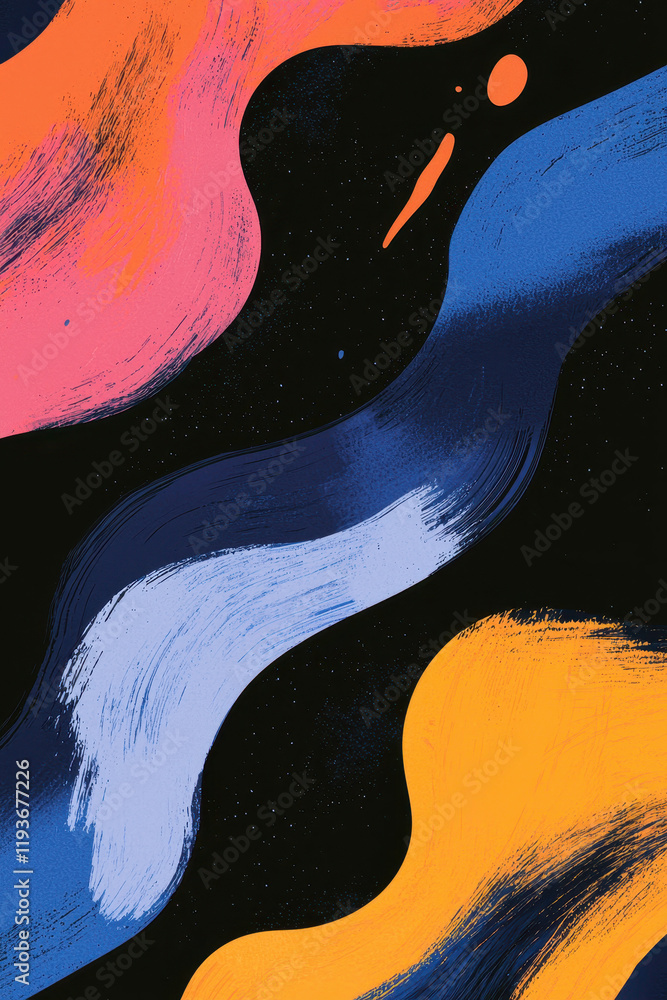 Poster dynamic abstract artwork with vibrant splashes of color and fluid brush strokes on a dark background