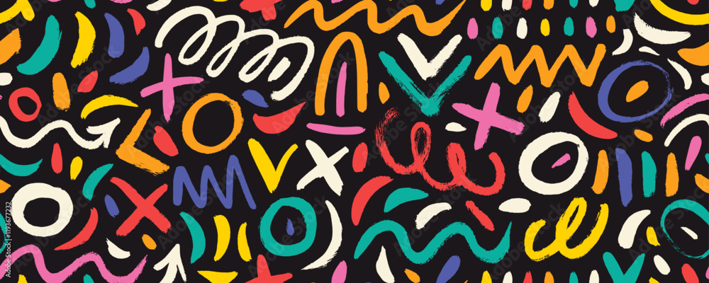 Poster Colorful squiggle lines seamless pattern. Creative abstract squiggle style drawing background in kid's style.