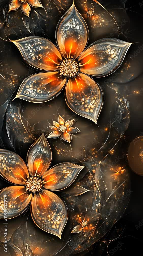 Poster beautiful golden and orange floral pattern with intricate details on a dark background creating a st