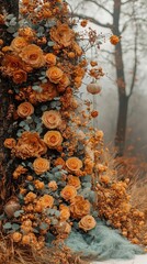 Enchanted Floral Forest Comes Alive: Wide Photographic Background with White Floor, Garland of Yellow Orange Beige Roses, Hanging Lanterns, Misty Fairy Atmosphere