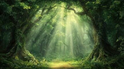 Obraz premium Sunbeams illuminating path through lush green jungle.