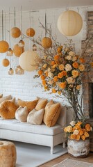 Enchanted Floral Forest Comes Alive: Wide Photographic Background with White Floor, Garland of Yellow Orange Beige Roses, Hanging Lanterns, Misty Fairy Atmosphere