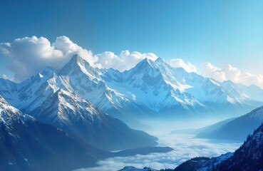 Majestic snowy mountain range panorama. Winter landscape with snow-capped peaks. Clouds drift in valley below. Stunning high altitude scenery. Winter wonderland view. Beautiful alpine panorama.