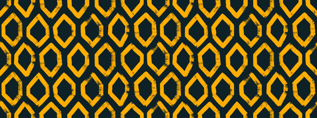 Yellow hexagon shapes seamless pattern. Hand drawn geometric texture with rough grunge honeycomb.