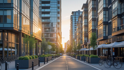 Fototapeta premium Bustling city street lined with modern apartment buildings, their sleek glass facades reflecting the soft glow of a late afternoon sun
