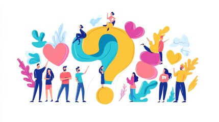 Vibrant Illustration of Diverse People Engaging with a Large Question Mark Symbol Surrounded by Colorful Hearts and Leaves Representing Inquiry and Expression