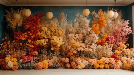 Enchanted Floral Forest Comes Alive: Wide Photographic Background with White Floor, Garland of Yellow Orange Beige Roses, Hanging Lanterns, Misty Fairy Atmosphere