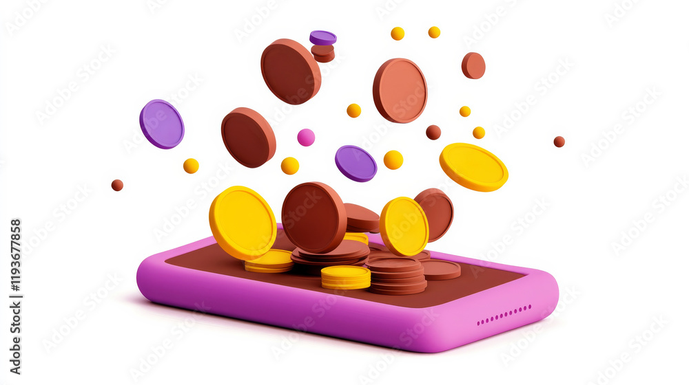 Poster a colorful phone emits floating coins, symbolizing digital currency and financial transactions in a 