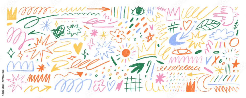 Poster childish doodle lines and shapes collection drawn with a colored crayon. hand drawn pencil doodles, 