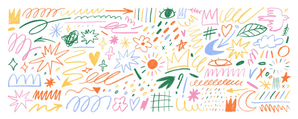 Childish doodle lines and shapes collection drawn with a colored crayon. Hand drawn pencil doodles, squiggles and scribbles for journaling and notes. Childish freehand drawing. Rough crayon strokes.