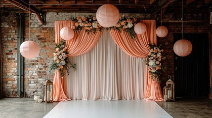 Enchanted Floral Forest Comes Alive: Wide Photographic Background with White Floor, Garland of Yellow Orange Beige Roses, Hanging Lanterns, Misty Fairy Atmosphere