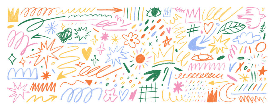 Childish doodle lines and shapes collection drawn with a colored crayon. Hand drawn pencil doodles, squiggles and scribbles for journaling and notes. Childish freehand drawing. Rough crayon strokes.