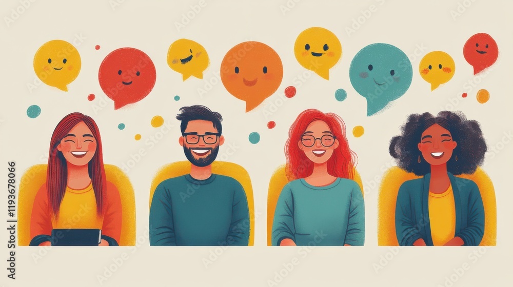 Poster diverse group of happy friends sharing joyful expressions with colorful speech bubbles representing 