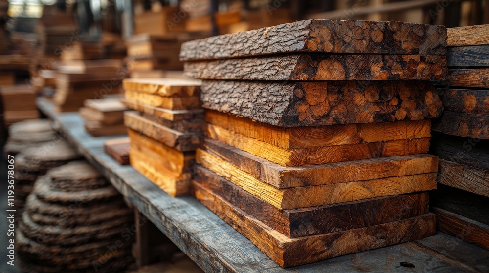 Poster stacks of rustic wooden planks in a workshop displaying various textures and natural patterns ideal 
