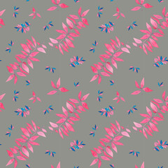 Pink and blue leaves on gray. Watercolor illustration, drawing for fabric.