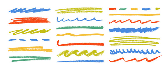 Kid's style crayon scribbles, colorful underlines, straight and wavy doodle lines. Charcoal drawn smears and strikethrough set. Crayon or marker doodle scribbles. Childish drawing, various rough lines