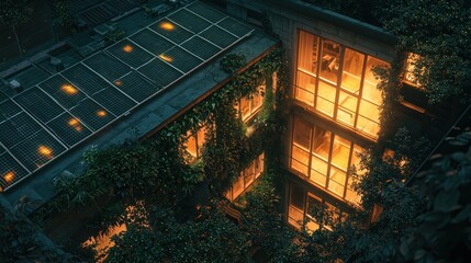 Night view of a building with illuminated windows, overgrown with vegetation and solar panels on the roof.