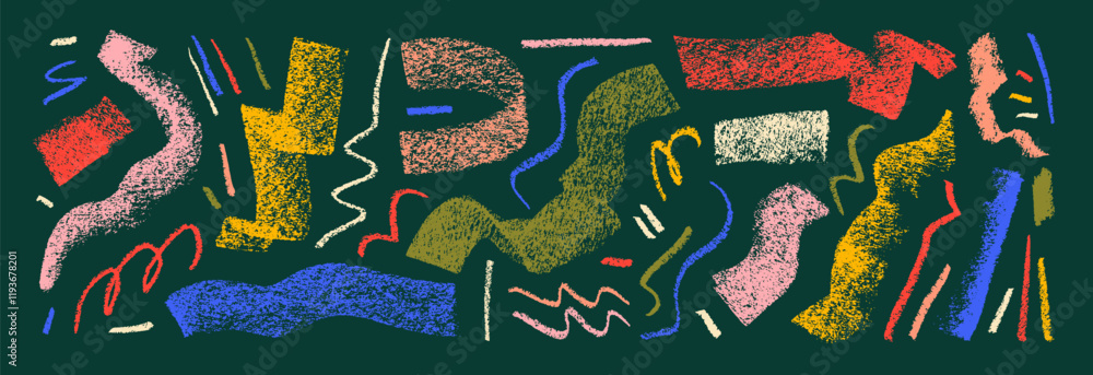 Poster colorful charcoal strokes, scribbles and bold doodle lines. various hand drawn vector crayon scratch